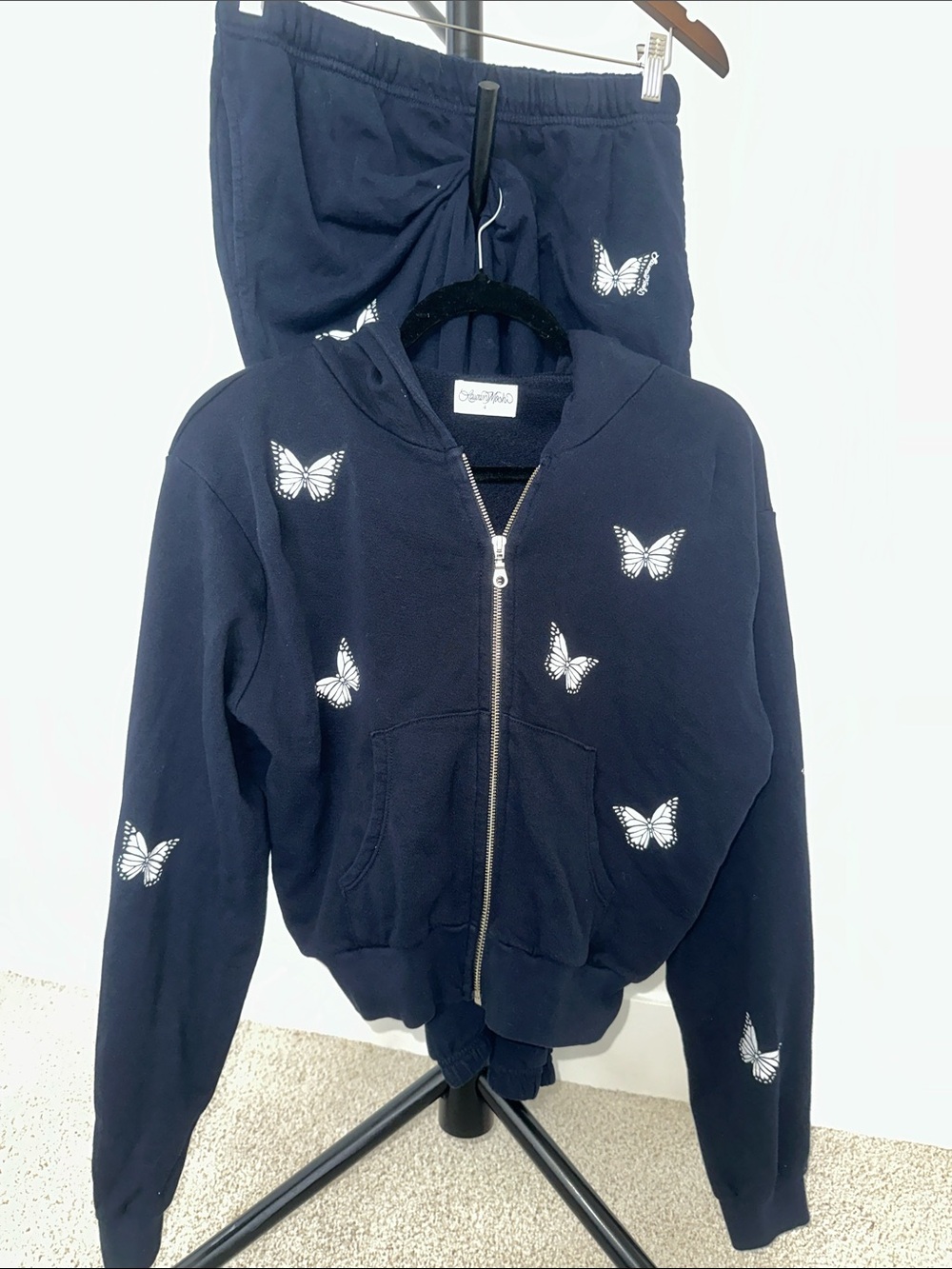 Revolve Lauren Moshi Navy Butterfly Zip Hoodie & Joggers Set